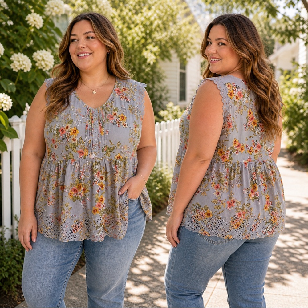 Lauren Conrad Floral Peplum Top Size Large Cottagecore Gray Cotton